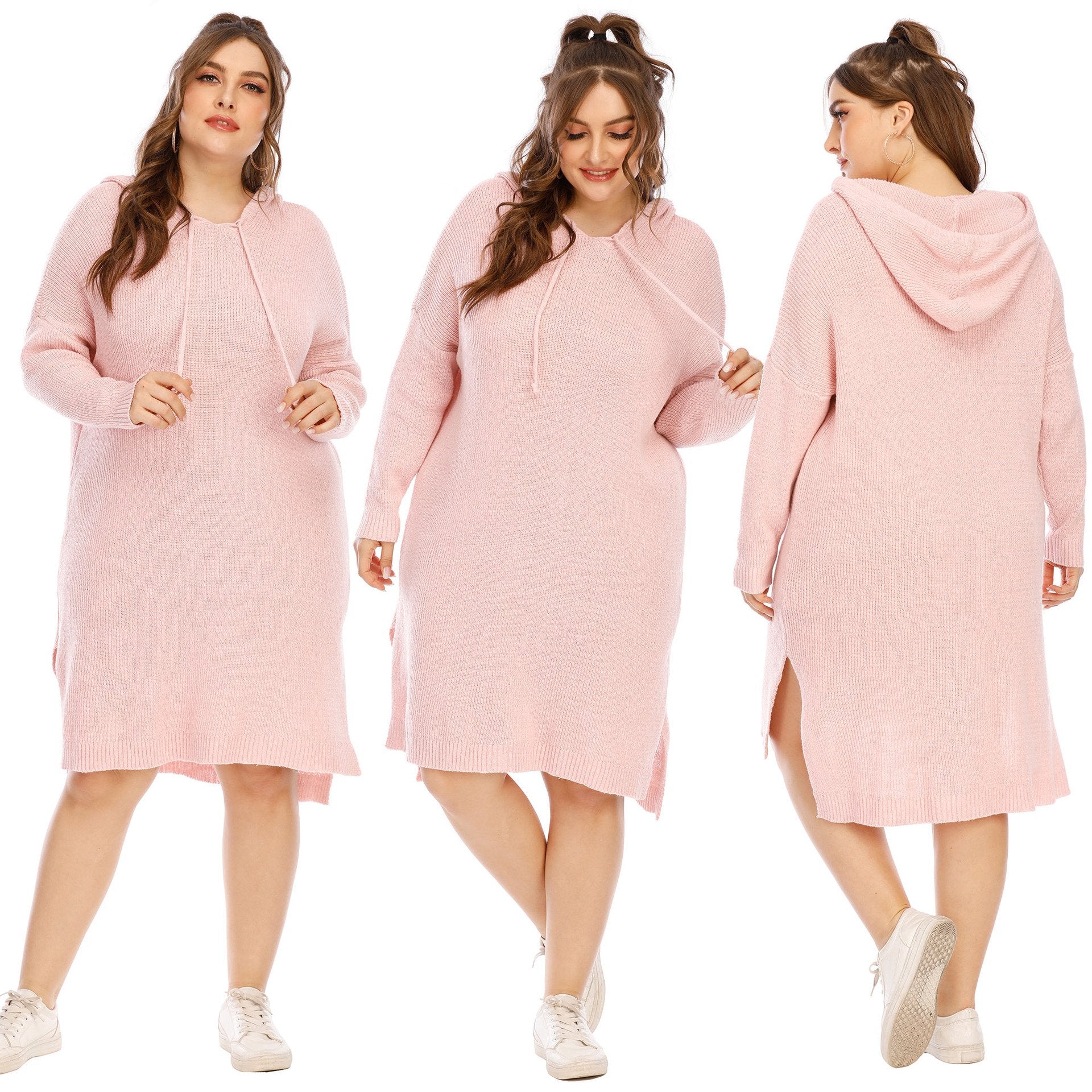 Pink Long Sleeves Plus Sizes Sweater Dress-STYLEGOING