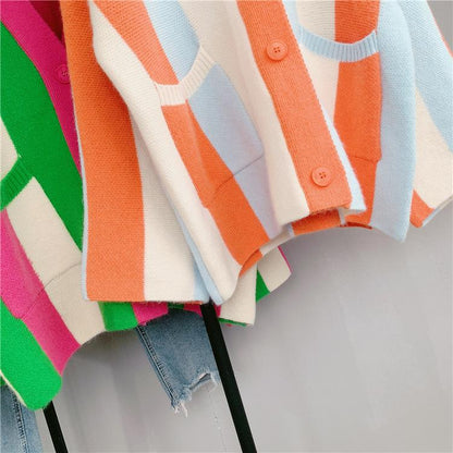 Women Striped Loose Knitting Cardigans-STYLEGOING
