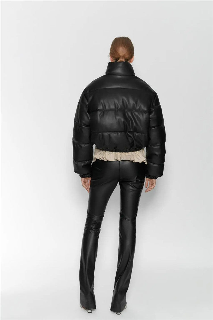 Casual Pu Leather High Neck Women Cotton Jacket Overcoat