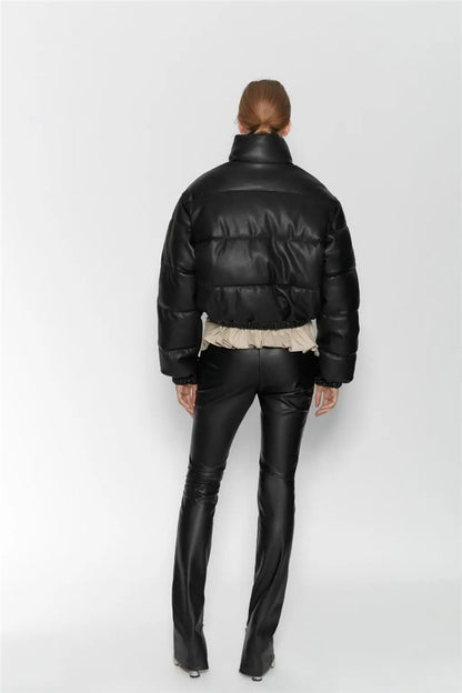 Casual Pu Leather High Neck Women Cotton Jacket Overcoat