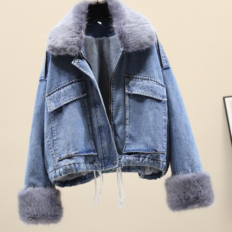 Casual Women Fur Neckline Denim Jacket Overcoat