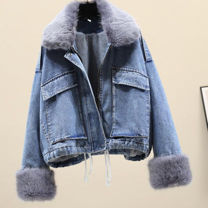 Casual Women Fur Neckline Denim Jacket Overcoat