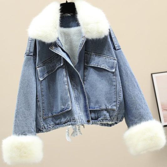 Casual Women Fur Neckline Denim Jacket Overcoat