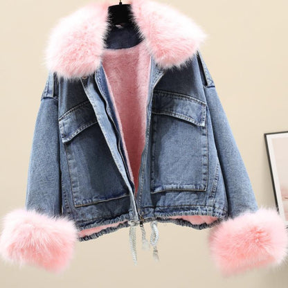 Casual Women Fur Neckline Denim Jacket Overcoat