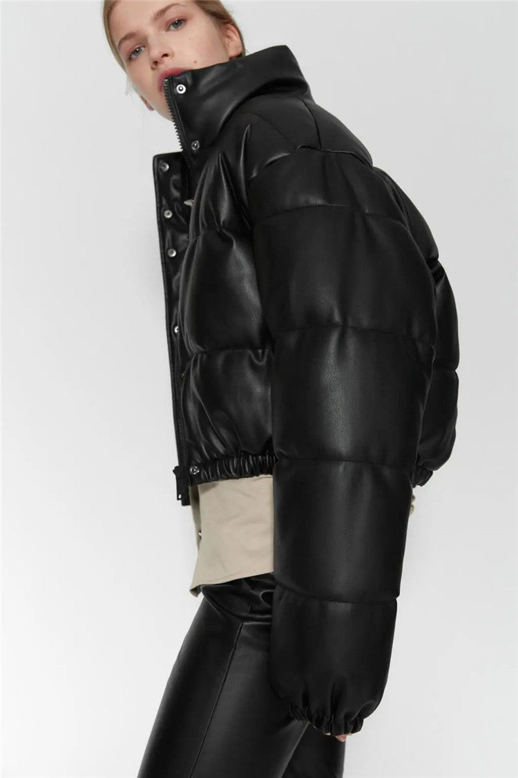 Casual Pu Leather High Neck Women Cotton Jacket Overcoat