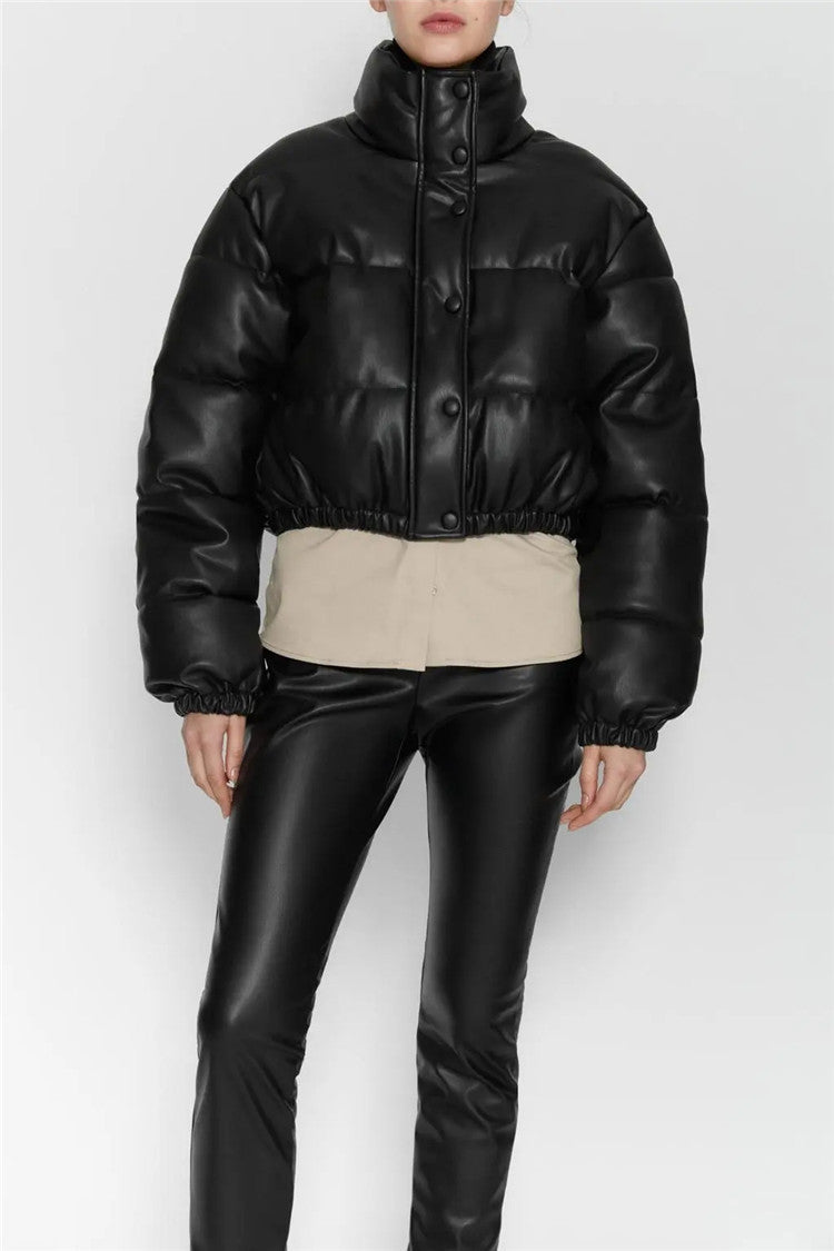 Casual Pu Leather High Neck Women Cotton Jacket Overcoat