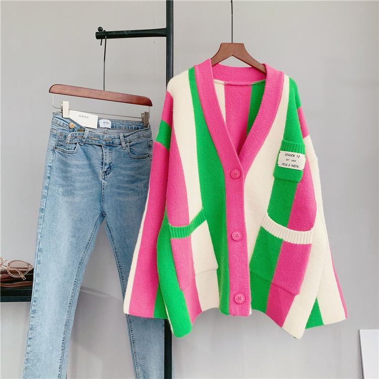 Women Striped Loose Knitting Cardigans-STYLEGOING