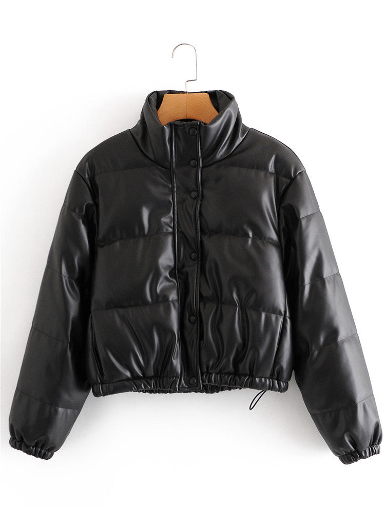 Casual Pu Leather High Neck Women Cotton Jacket Overcoat
