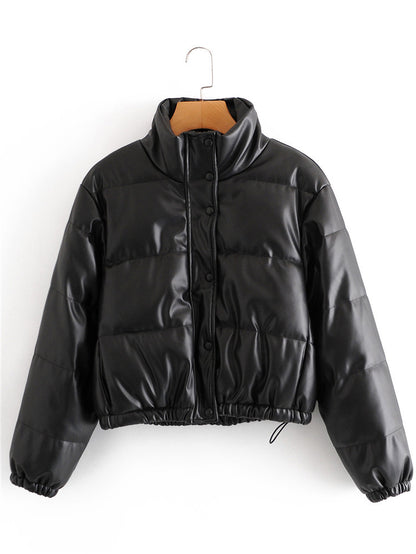 Casual Pu Leather High Neck Women Cotton Jacket Overcoat