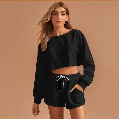 Casual Drawstring Women Long Sleeves Tops and Cropped Shorts