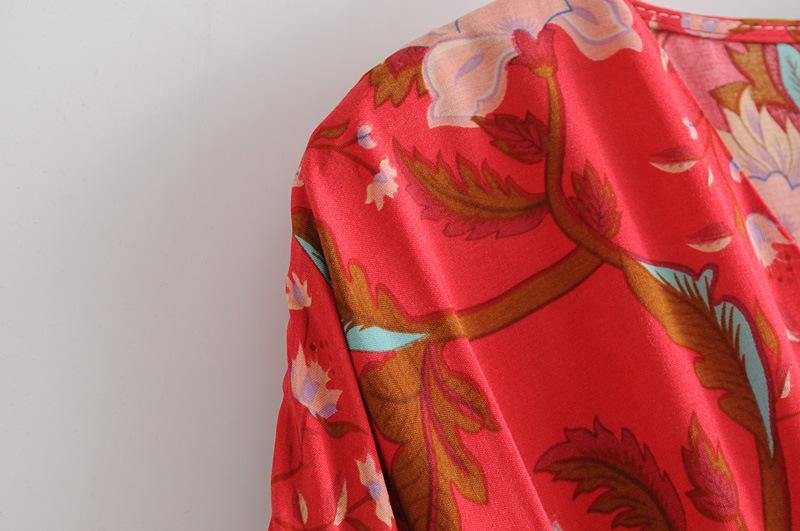 Red V-neck Bohemia Kimono Style Dresses-STYLEGOING