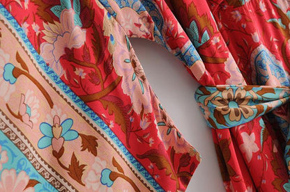 Red V-neck Bohemia Kimono Style Dresses-STYLEGOING
