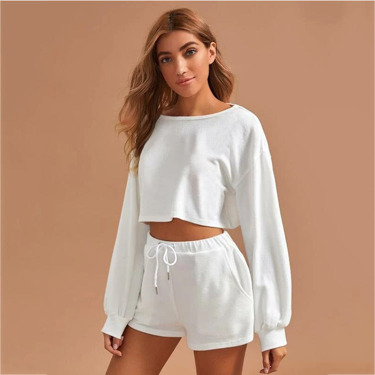 Casual Drawstring Women Long Sleeves Tops and Cropped Shorts