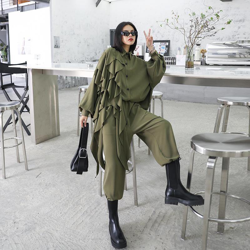 Retro Women Ruffles Top&Loose Pants-STYLEGOING