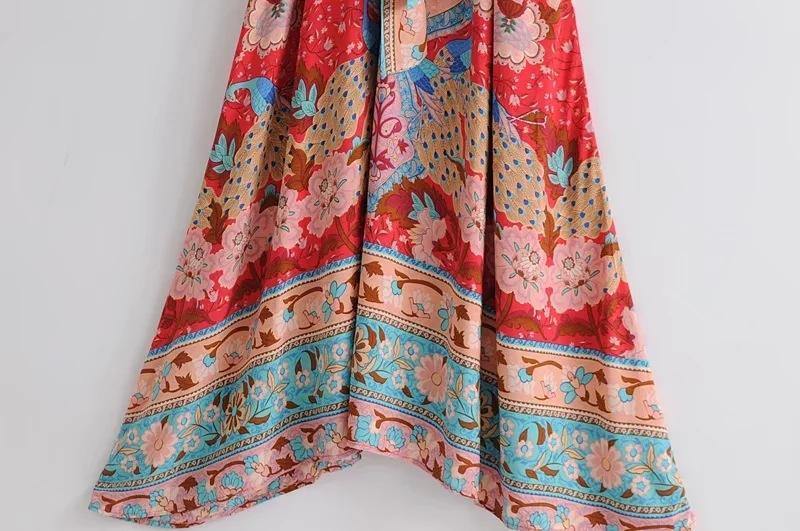 Red V-neck Bohemia Kimono Style Dresses-STYLEGOING