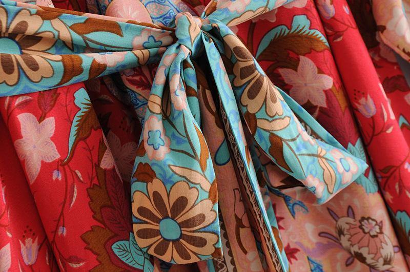 Red V-neck Bohemia Kimono Style Dresses-STYLEGOING