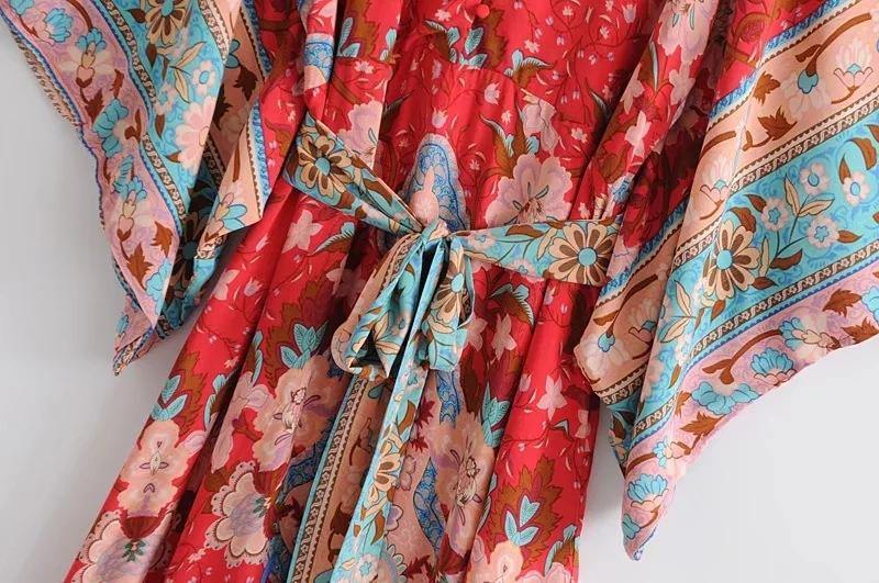 Red V-neck Bohemia Kimono Style Dresses-STYLEGOING
