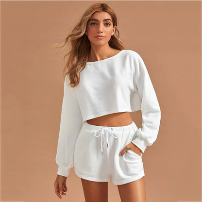 Casual Drawstring Women Long Sleeves Tops and Cropped Shorts