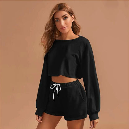 Casual Drawstring Women Long Sleeves Tops and Cropped Shorts