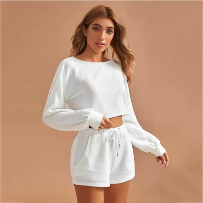 Casual Drawstring Women Long Sleeves Tops and Cropped Shorts
