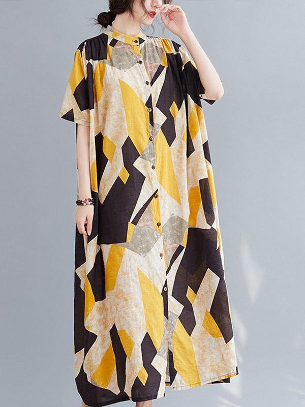 Printed Stand Collar Long Dress-STYLEGOING