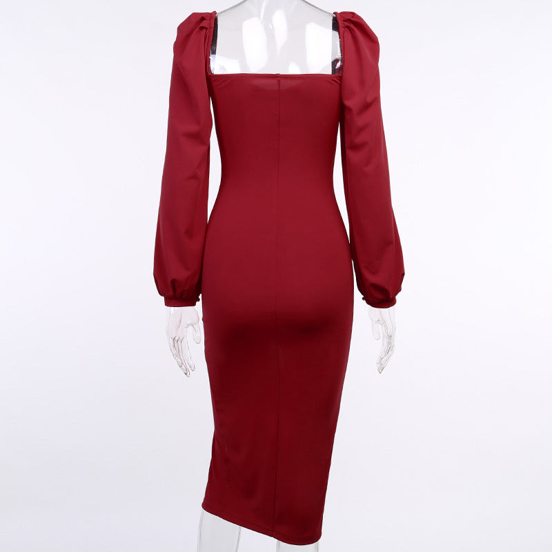 Sexy Square Neckline Split Long Sleeves Dresses