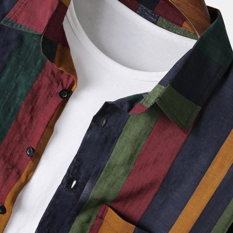 Fashion Casual Rainbow Striped Men Long Sleeves Shirts-STYLEGOING