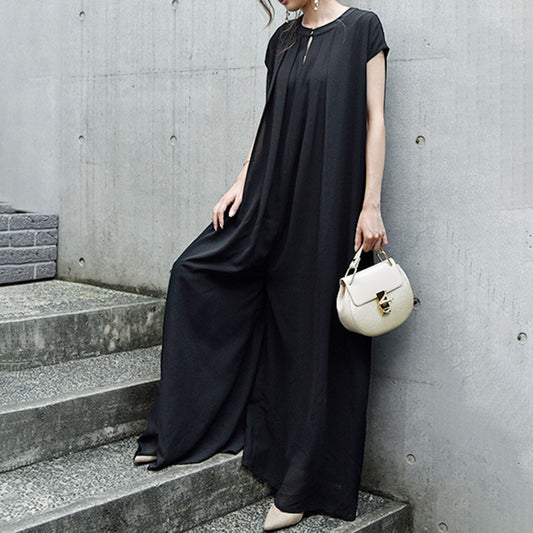 Black Chiffon Casual Long Jumpsuits for Women