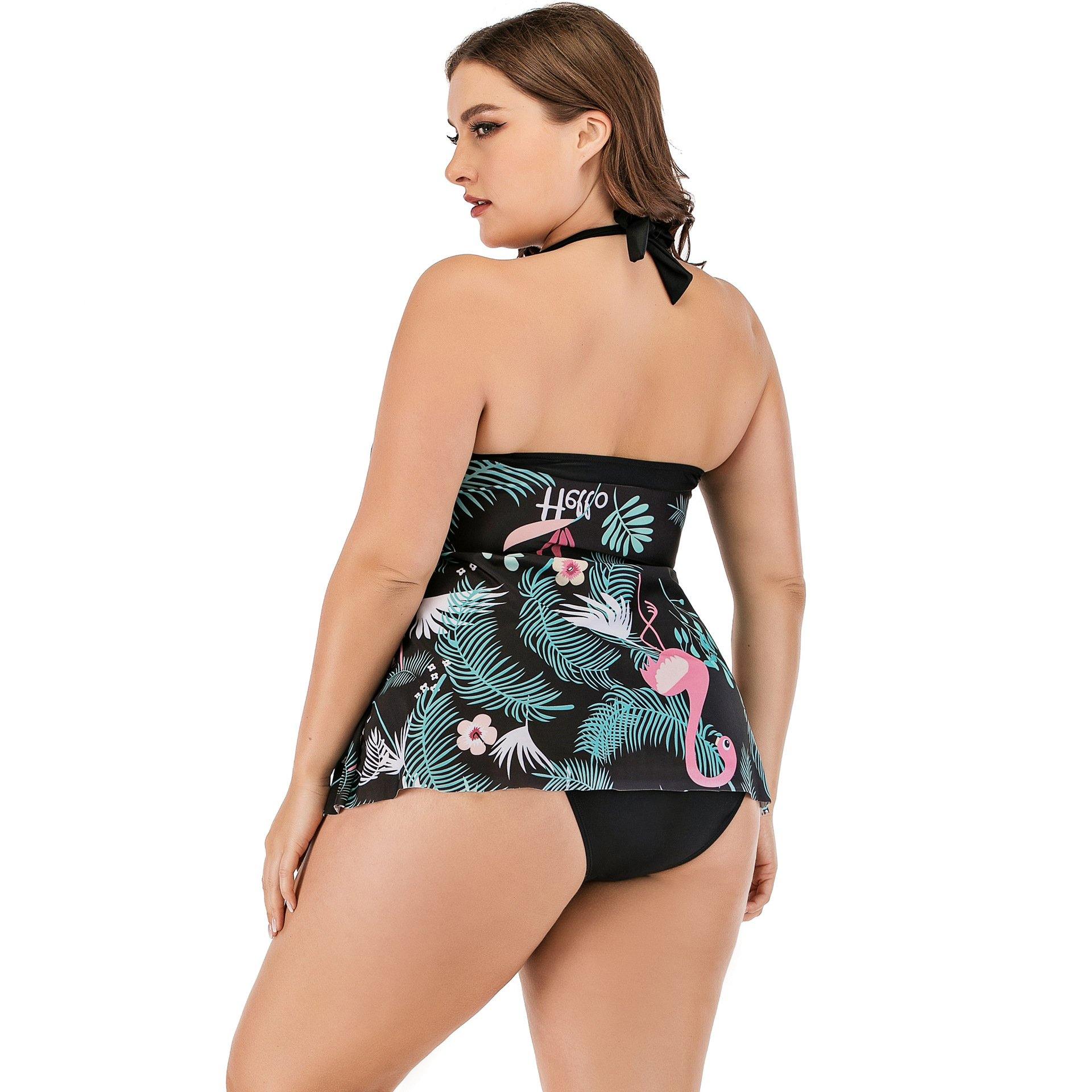 Plus Size Women Flamingo Print Tankini-STYLEGOING