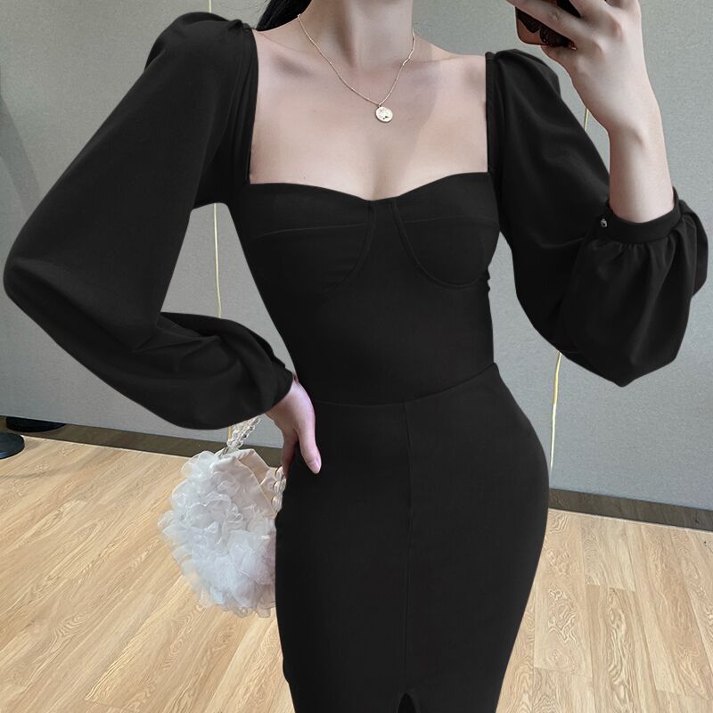 Sexy Square Neckline Split Long Sleeves Dresses