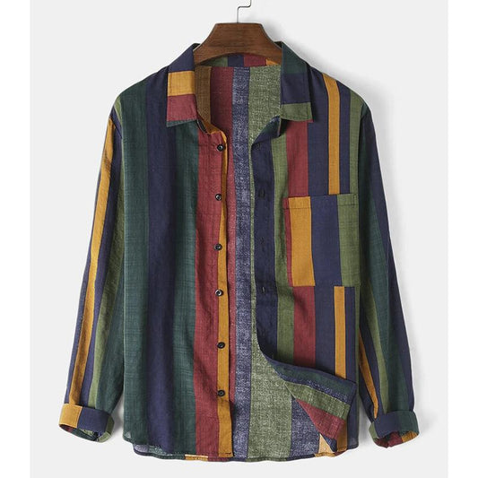 Fashion Casual Rainbow Striped Men Long Sleeves Shirts-STYLEGOING