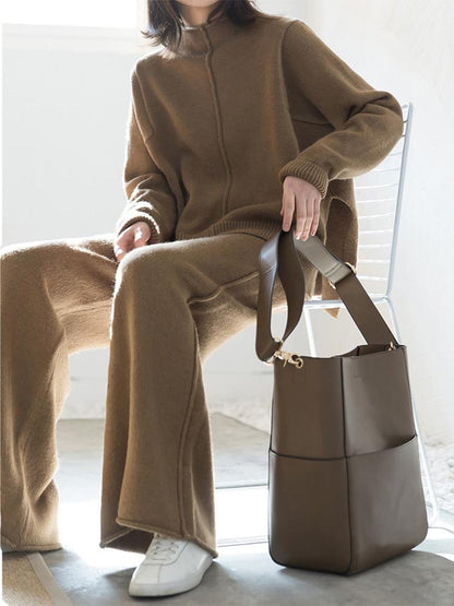 New Women High Neck Warm Knitting Casual Suits-STYLEGOING
