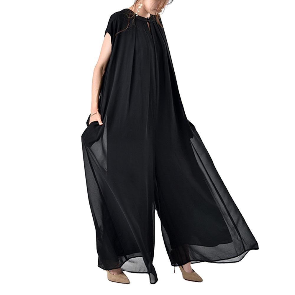 Black Chiffon Casual Long Jumpsuits for Women