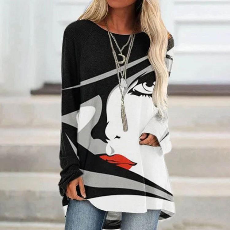 Leisure Pullover Face Print Loose Shirts-STYLEGOING