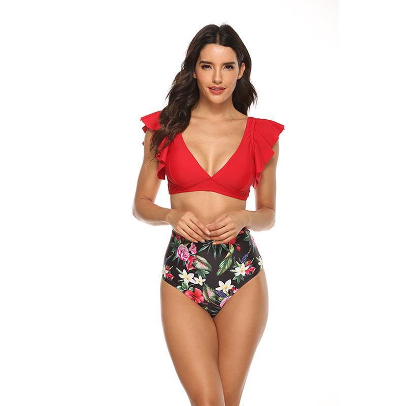 Ruffled High Waist Floral Bikini-STYLEGOING
