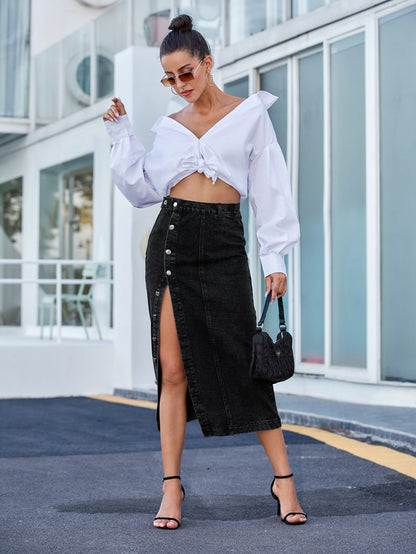 Sexy High Waist Slit Front Denim Skirts for Women