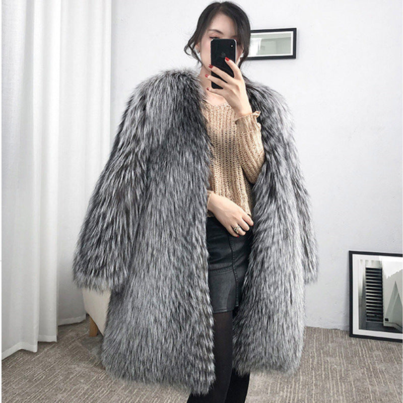 Luxury Winter Warm Artificial Fox Fur Long Overcoat for Women