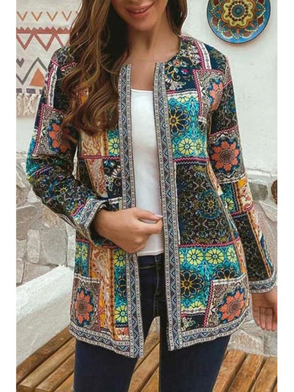 Vintage Cotton Linen Print Plus Size Women Cardigan Coat-Orange-L-Free Shipping at meselling99