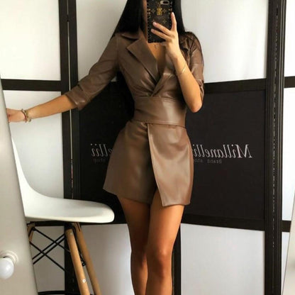 Women Long Sleeves Blazer Mini PU Dresses with Belt