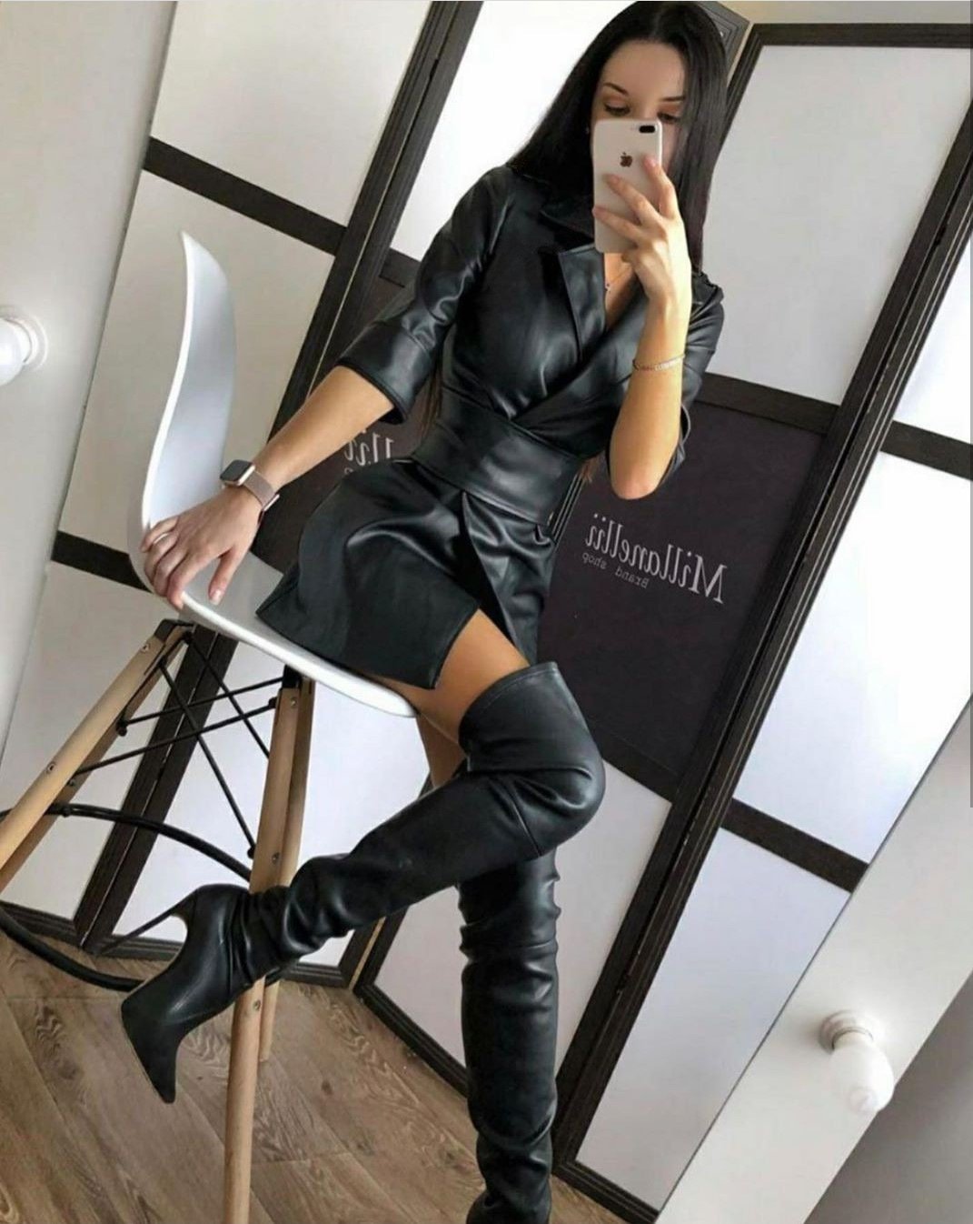 Women Long Sleeves Blazer Mini PU Dresses with Belt
