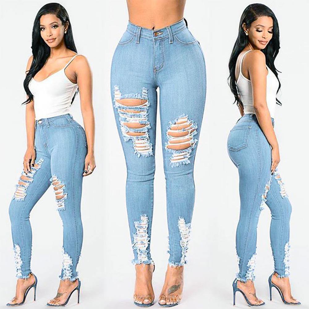 Women Sheath Elastic Broken-holes Jeans-STYLEGOING