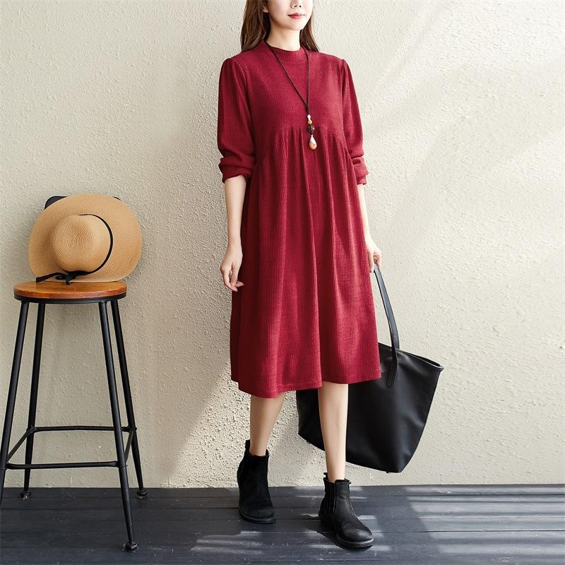 Elegant  Women Long Sleeves Round Neck Fall Dresses