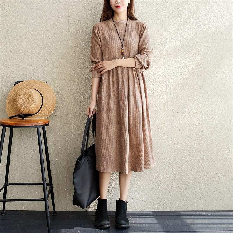 Elegant  Women Long Sleeves Round Neck Fall Dresses