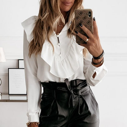 Women Ruffled Long Sleeves Fall Shirts-STYLEGOING