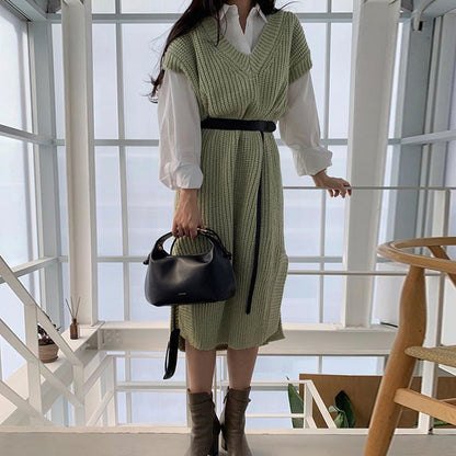Fashion Women Long Sleeves Shirts and Knitting Vest with Belt Sets