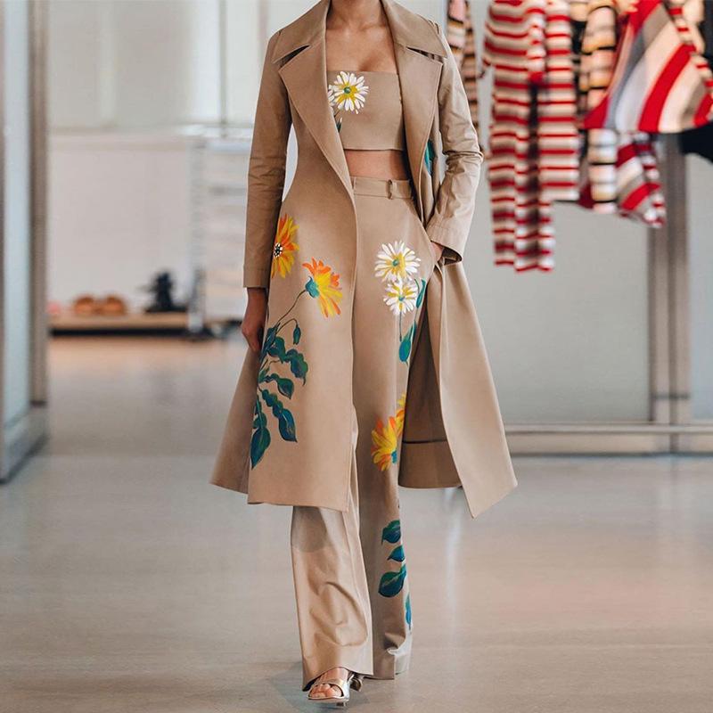 Classy Daisy Print Trenchcoat and Pants Suits-STYLEGOING