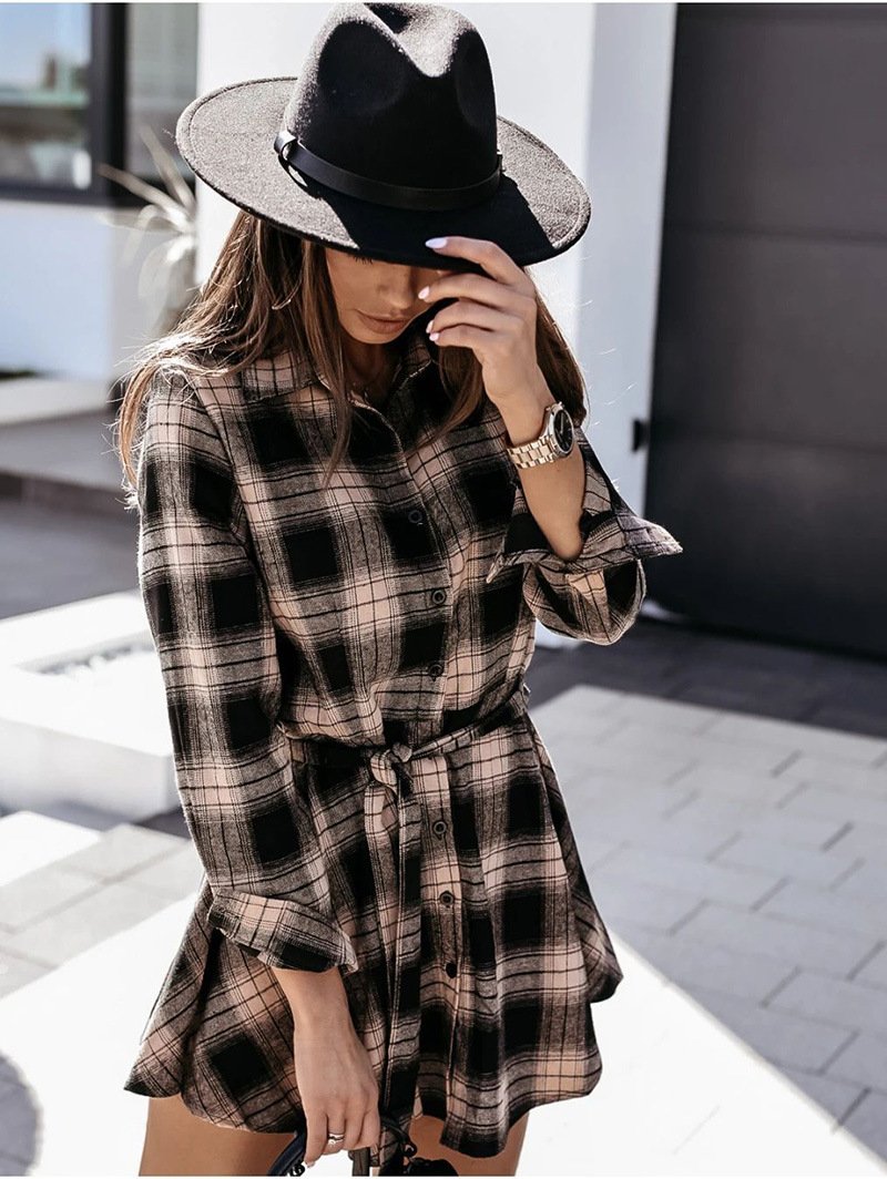 Women Plaid Design Fall Long Sleeves Shirt Dresses-STYLEGOING