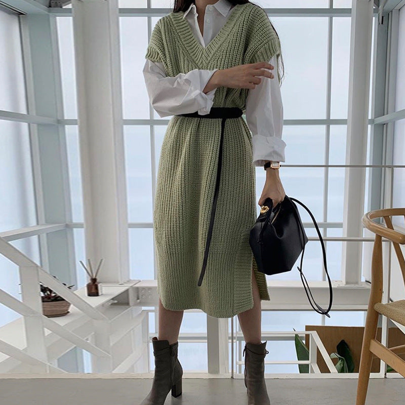Fashion Women Long Sleeves Shirts and Knitting Vest with Belt Sets