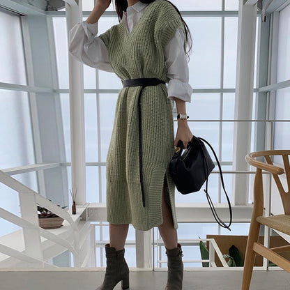 Fashion Women Long Sleeves Shirts and Knitting Vest with Belt Sets