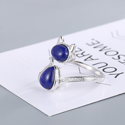 Cute Cat Inlay Design Sterling Sliver Rings for Women